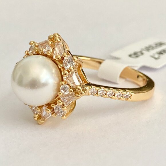 Art Deco Cubic Zirconia White Pearl Cocktail Ring Yellow Gold Plated Size 7 8 9 - Picture 8 of 15